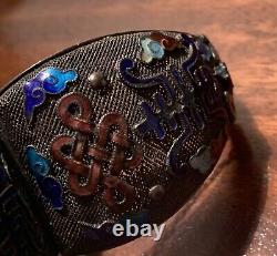 Antique Chinese Export Silver Filigree Enamel Lg Turquoise Stone Cuff Bracelet