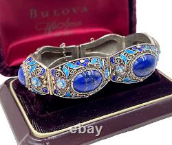 Antique Chinese Export Silver Sterling Blu Lapis Lazuli Cabochon Enamel Bracelet