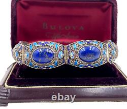 Antique Chinese Export Silver Sterling Blu Lapis Lazuli Cabochon Enamel Bracelet