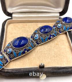 Antique Chinese Export Silver Sterling Blu Lapis Lazuli Cabochon Enamel Bracelet