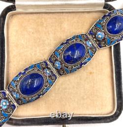 Antique Chinese Export Silver Sterling Blu Lapis Lazuli Cabochon Enamel Bracelet