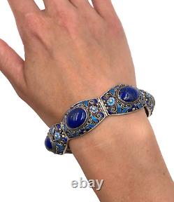 Antique Chinese Export Silver Sterling Blu Lapis Lazuli Cabochon Enamel Bracelet