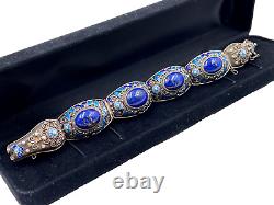 Antique Chinese Export Silver Sterling Blu Lapis Lazuli Cabochon Enamel Bracelet