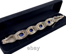 Antique Chinese Export Silver Sterling Blu Lapis Lazuli Cabochon Enamel Bracelet