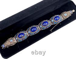 Antique Chinese Export Silver Sterling Blu Lapis Lazuli Cabochon Enamel Bracelet