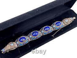 Antique Chinese Export Silver Sterling Blu Lapis Lazuli Cabochon Enamel Bracelet