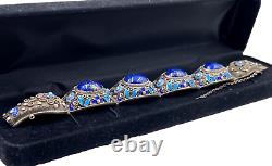 Antique Chinese Export Silver Sterling Blu Lapis Lazuli Cabochon Enamel Bracelet