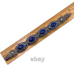 Antique Chinese Export Silver Sterling Blu Lapis Lazuli Cabochon Enamel Bracelet