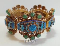 Antique Chinese Gold Wash Silver Jade & Blue Enamel Foo Dogs Filigree Bracelet