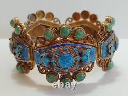 Antique Chinese Gold Wash Silver Jade & Blue Enamel Foo Dogs Filigree Bracelet