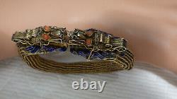 Antique Chinese Silver Enamel Horned Dragon Mesh Bracelet 8 Blue Enamel