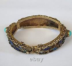 Antique Chinese Sterling Silver Turquoise & Enamel Filigree Vermeil Bracelet