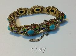 Antique Chinese Sterling silver bracelet natural enameled Turquoise (m1776)