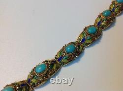 Antique Chinese Sterling silver bracelet natural enameled Turquoise (m1776)