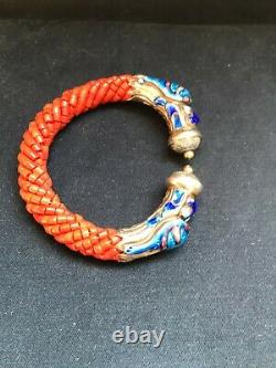 Antique Chinese enamelled silver and coral bracelet