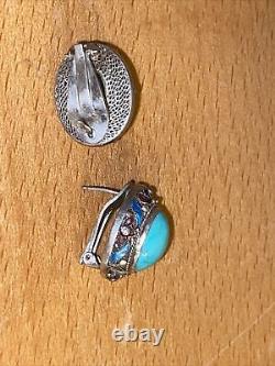 Antique Chinese sterling Silver Filigree Enamel Bracelet 7 & Ear Clips
