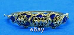 Antique Cobalt Blue Enamel & Diamonds on 14K Yellow Gold Bangle Bracelet