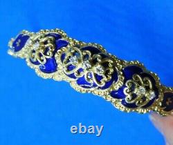 Antique Cobalt Blue Enamel & Diamonds on 14K Yellow Gold Bangle Bracelet
