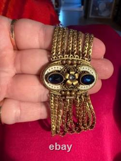 Antique Collector Austro Hungarian Brass Enamel Bracelet Blue Stones 1880-1910