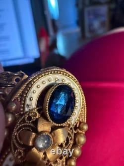 Antique Collector Austro Hungarian Brass Enamel Bracelet Blue Stones 1880-1910