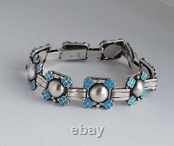 Antique Danish Chr. Veilskov Skonvirke Silver 826S Blue Enamel Flowers Bracelet
