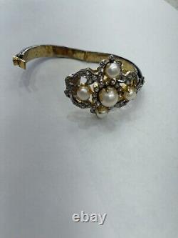 Antique Diamond And Pearl Enamel Sterling Silver Bangle Bracelet
