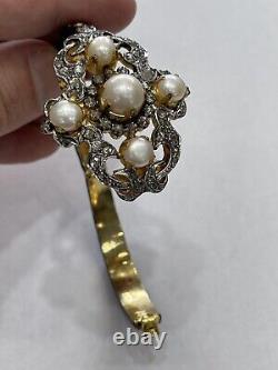 Antique Diamond And Pearl Enamel Sterling Silver Bangle Bracelet