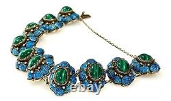 Antique Early Chinese Sterling Silver Gilt Filigree Enamel Green Stone Bracelet