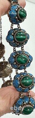 Antique Early Chinese Sterling Silver Gilt Filigree Enamel Green Stone Bracelet