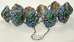 Antique Early Chinese Sterling Silver Gilt Filigree Enamel Green Stone Bracelet