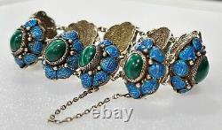 Antique Early Chinese Sterling Silver Gilt Filigree Enamel Green Stone Bracelet