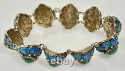 Antique Early Chinese Sterling Silver Gilt Filigree Enamel Green Stone Bracelet