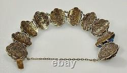 Antique Early Chinese Sterling Silver Gilt Filigree Enamel Green Stone Bracelet