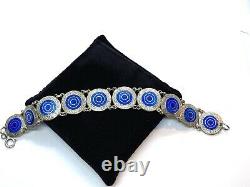 Antique Edwardian Sterling Silver Blue Guiloche Enamel Panel Bracelet 16.1 gr