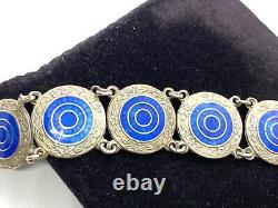 Antique Edwardian Sterling Silver Blue Guiloche Enamel Panel Bracelet 16.1 gr