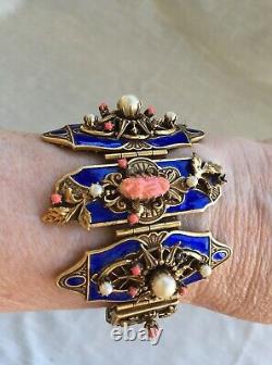 Antique Edwarian Bracelet, Blue Enamel on Brass, with Pearls, Coral Cameo & Beads