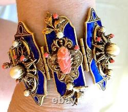 Antique Edwarian Bracelet, Blue Enamel on Brass, with Pearls, Coral Cameo & Beads