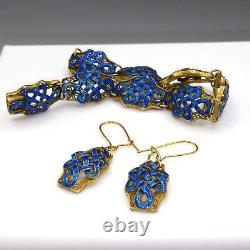 Antique Enamel Eternal Knot Filigree Gold Gilt Bracelet and Earrings, Royal Blue