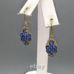 Antique Enamel Eternal Knot Filigree Gold Gilt Bracelet and Earrings, Royal Blue
