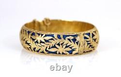 Antique French 14k Yellow Gold Floral Motif And Blue Enamel Bangle
