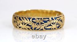 Antique French 14k Yellow Gold Floral Motif And Blue Enamel Bangle