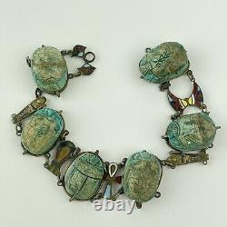 Antique Glazed Faience Scarab Beetle Partial Bracelet Egyptian Revival Enamel