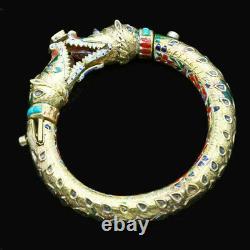 Antique Gold Diamond Minaar Enamel Turquoise Bangle Bracelet w Crocodiles (4929)