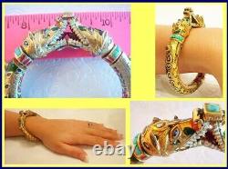 Antique Gold Diamond Minaar Enamel Turquoise Bangle Bracelet w Crocodiles (4929)