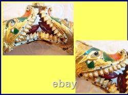 Antique Gold Diamond Minaar Enamel Turquoise Bangle Bracelet w Crocodiles (4929)