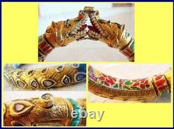 Antique Gold Diamond Minaar Enamel Turquoise Bangle Bracelet w Crocodiles (4929)