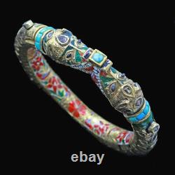 Antique Gold Diamond Minaar Enamel Turquoise Bangle Bracelet w Crocodiles (4929)