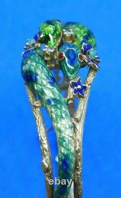 Antique Green & Blue Enamel Double Snake with Diamonds on 14K Gold Bangle Bracelet