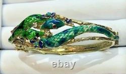 Antique Green & Blue Enamel Double Snake with Diamonds on 14K Gold Bangle Bracelet