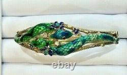 Antique Green & Blue Enamel Double Snake with Diamonds on 14K Gold Bangle Bracelet